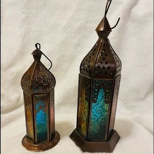 Mediterranean style colored glass & metal lanterns set of two